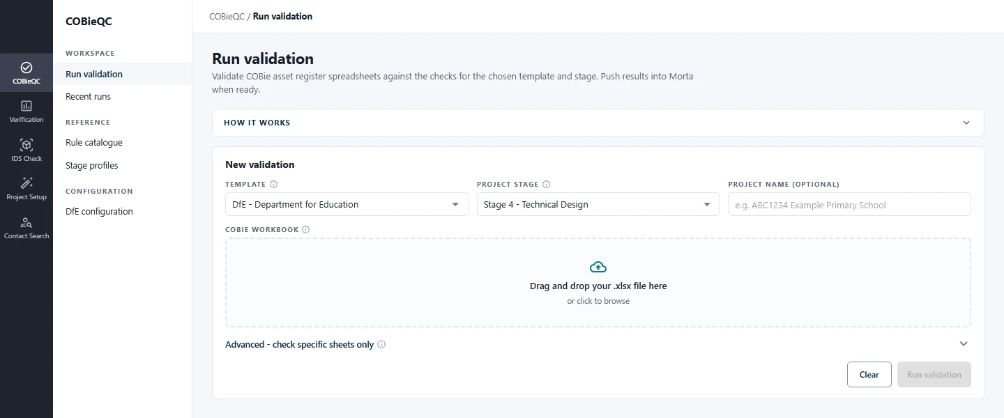 COBieQC: the run-validation screen, with template, project stage and a drop area for the workbook