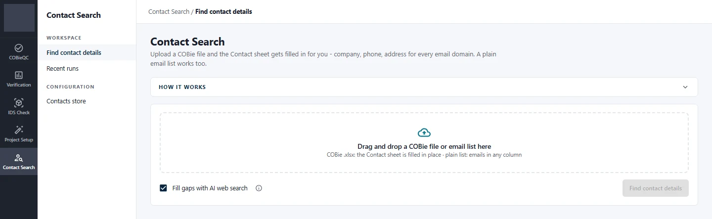 Contact Search: dropping in a COBie file or email list to fill in company, phone and address details