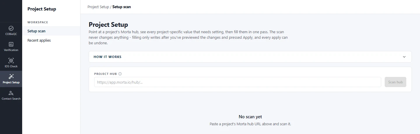 Project Setup: pasting a project's Morta hub URL to scan for placeholder values to fill in
