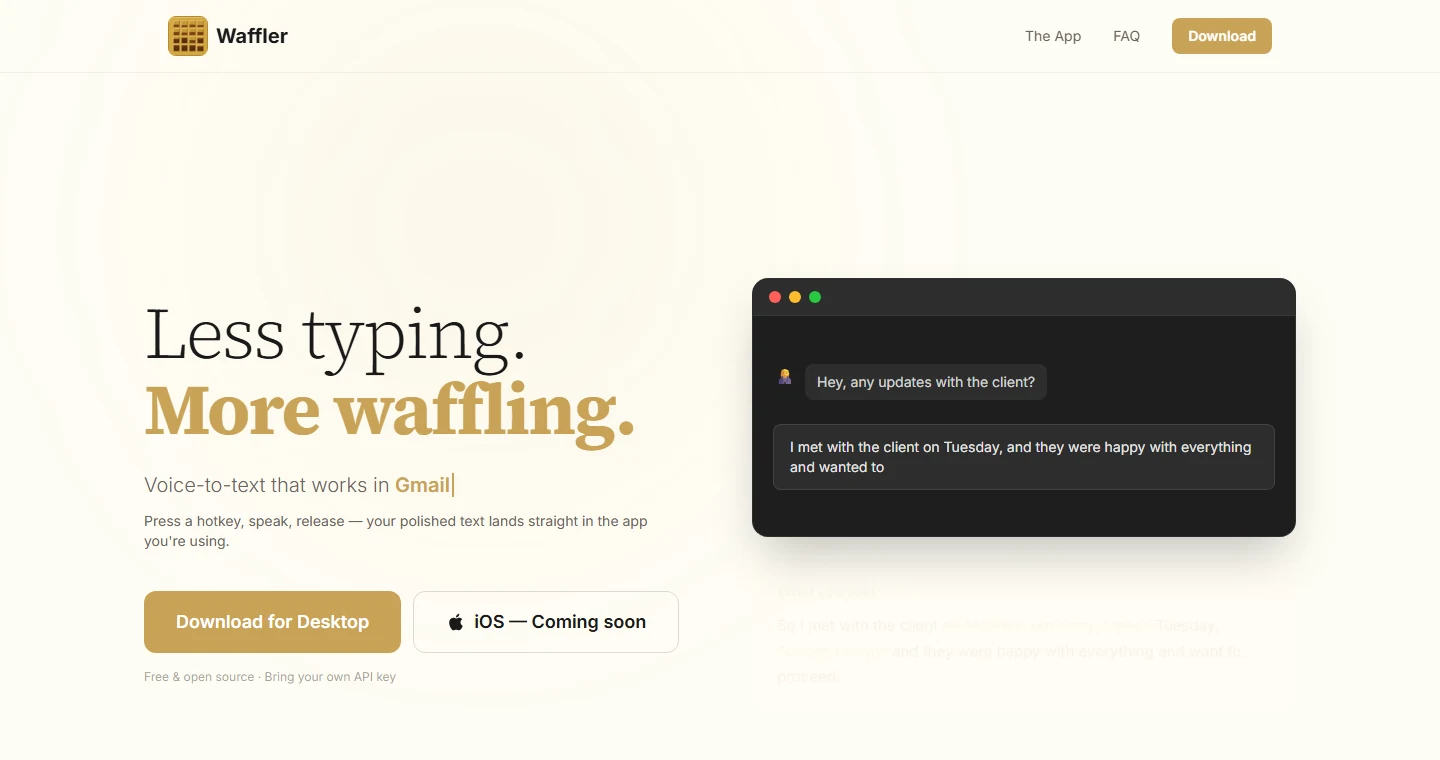 The Waffler website: Less typing. More waffling. Voice-to-text that works in any app.